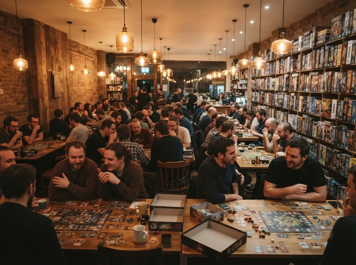 The shop on a busy night — every table full, groups mid-game under warm pendant lighting
