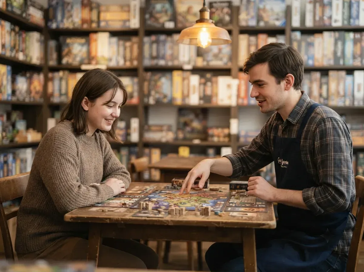 A staffer leaning over a board explaining a rule to a new player at a small table