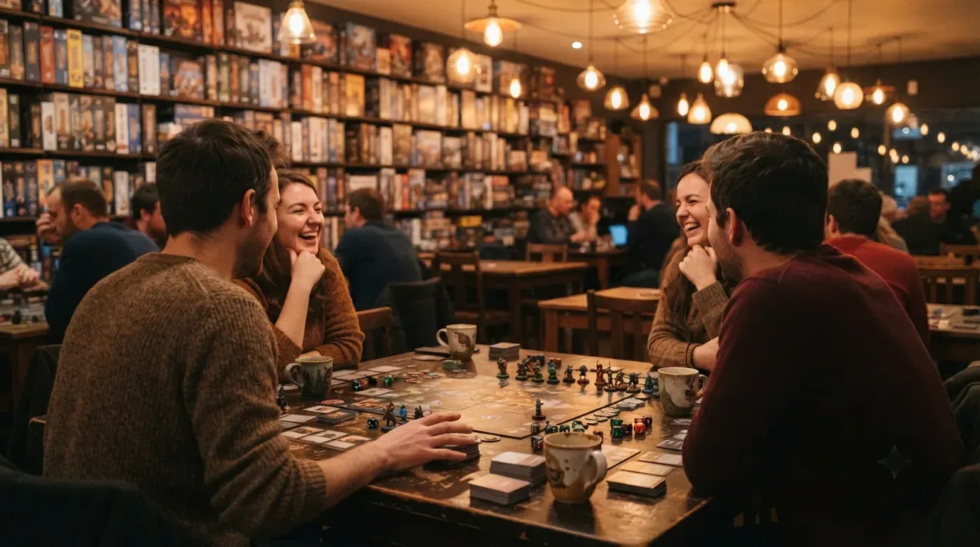 A long table mid-game under warm pendant lamps — players leaning in over a board, dice and mugs scattered, shelves of boxes behind