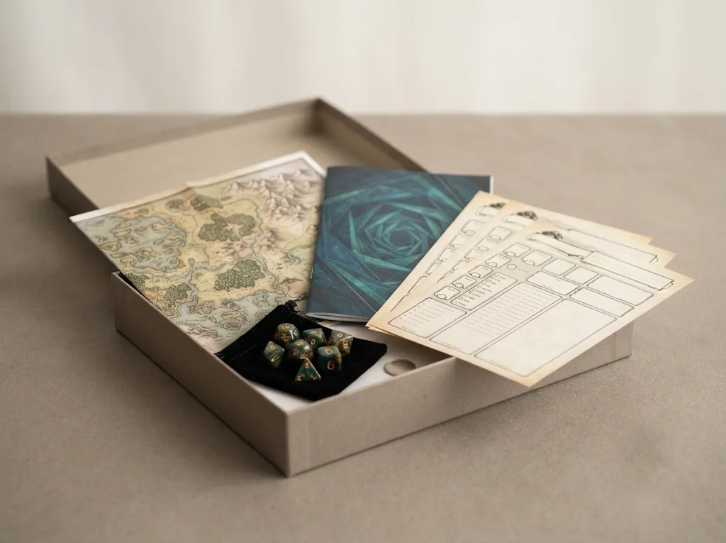An open roleplaying starter box with a folded map, booklet, dice and character sheets