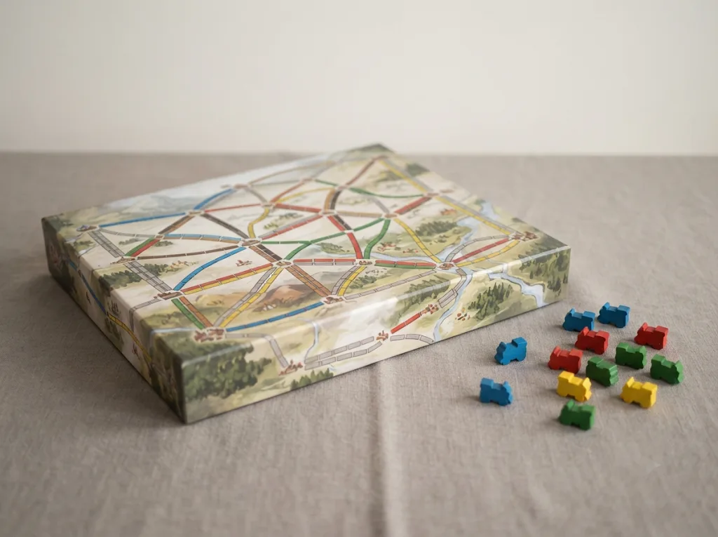A flat board game box showing a stylised railway map, coloured wooden train pieces scattered nearby