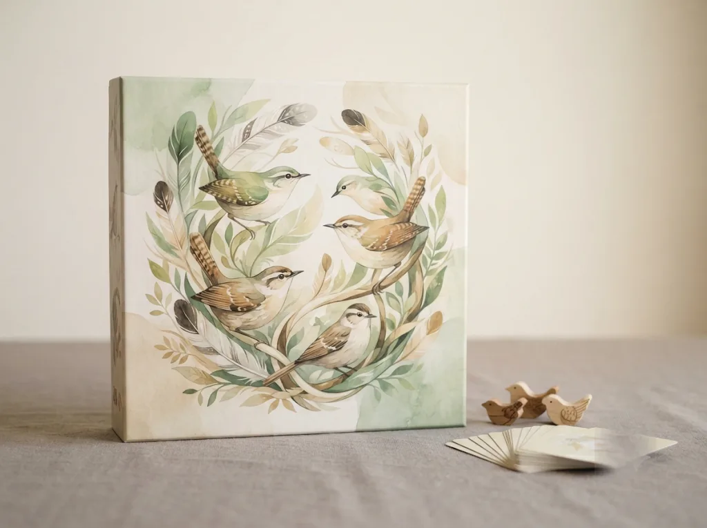 A board game box with illustrated birds and foliage on the lid, wooden tokens fanned beside it