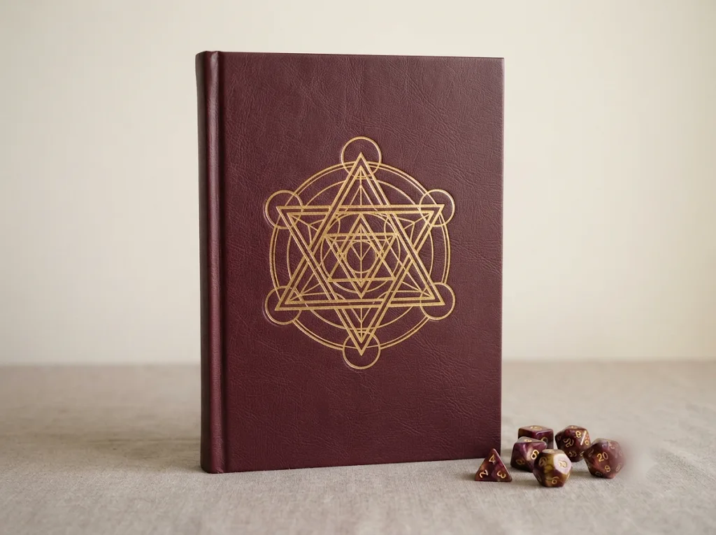 A burgundy hardcover rulebook with a gold embossed emblem, dice resting beside it