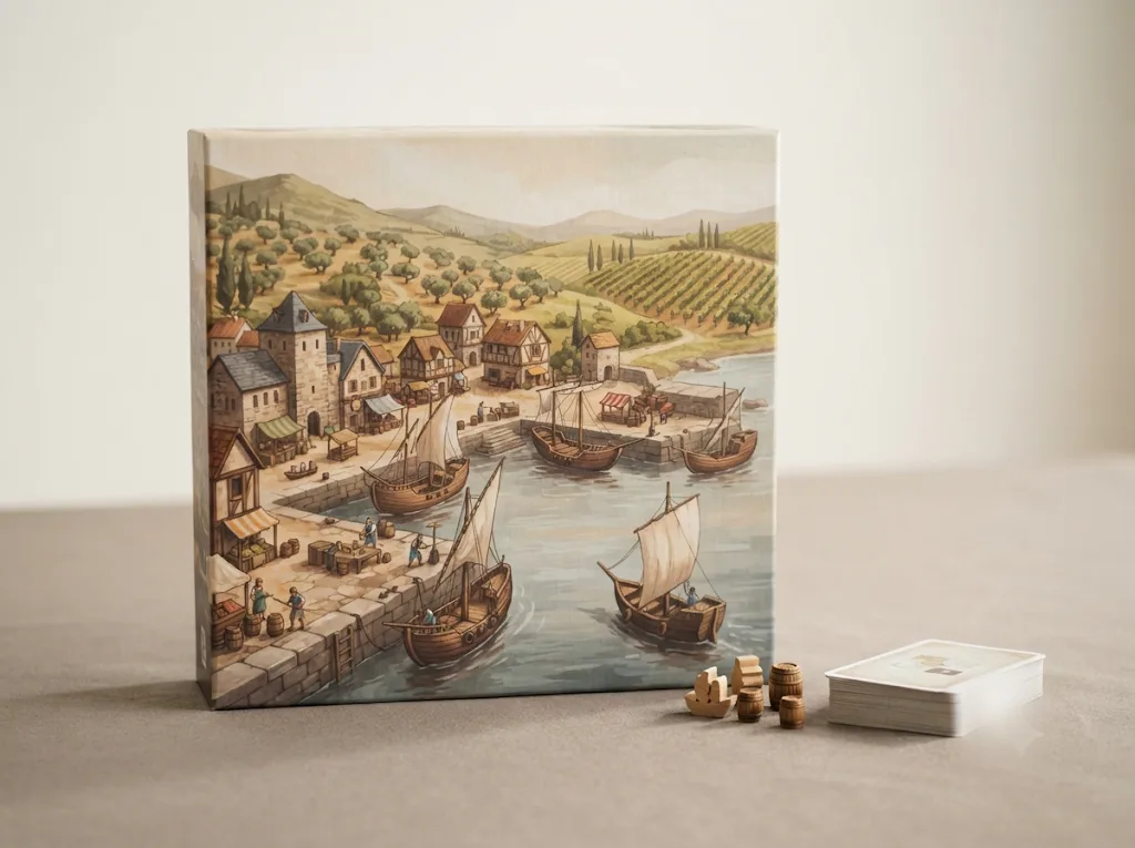 A coastal trading board game box standing upright beside wooden pieces and a small deck of cards
