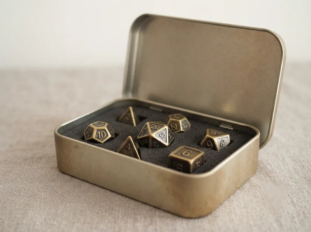 A seven-piece brass polyhedral dice set seated in dark foam inside an open hinged tin