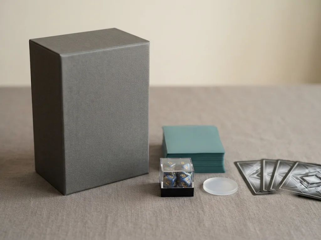 A tall card storage box beside sleeves, dice, a counter and face-down cards