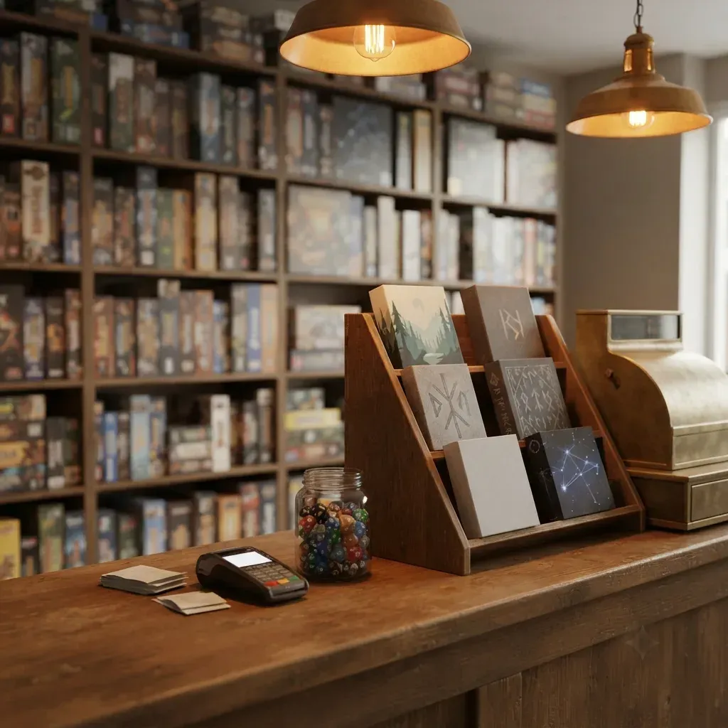 The front counter with a register and a shelf of staff-pick boxes, shelves of games behind