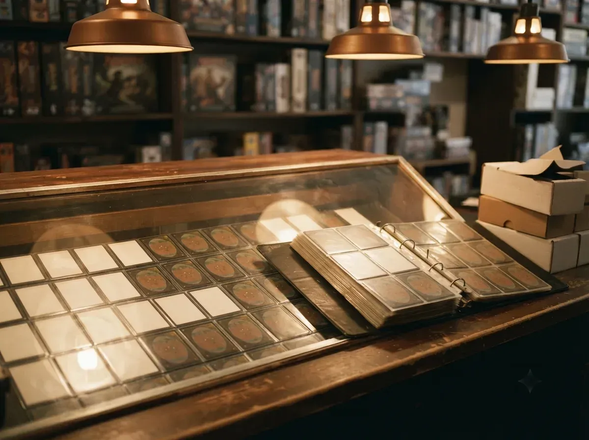 The trading card counter — a glass case of sleeved singles with binders open on top