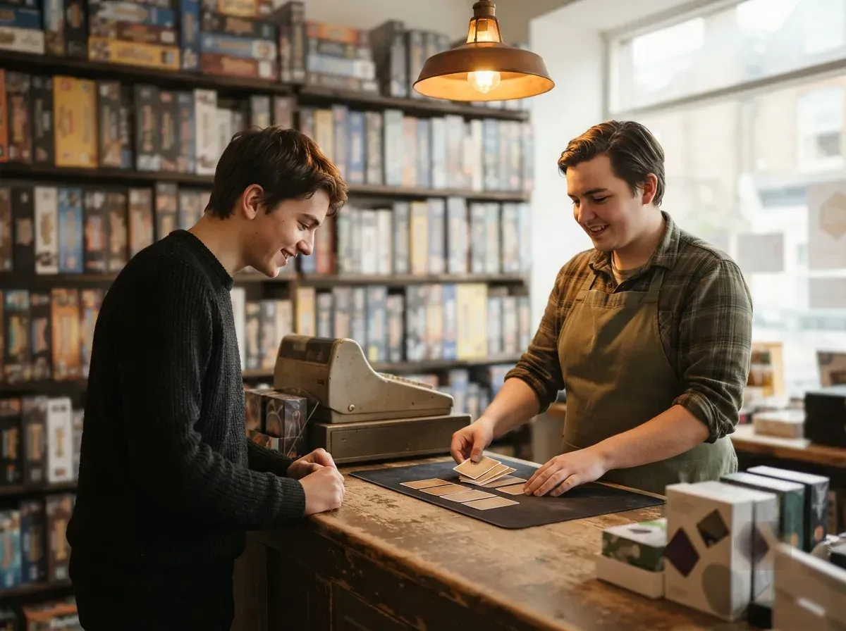 A staffer dealing out cards across the wooden counter to a customer leaning in